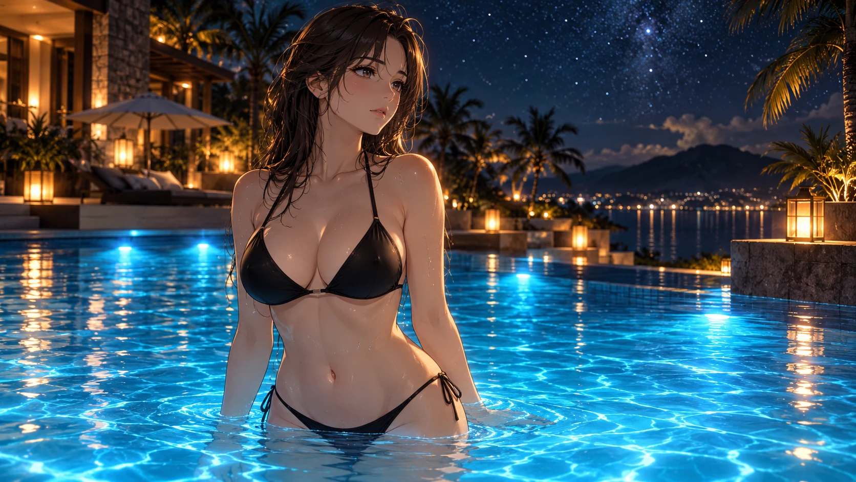 Adult anime character in a black bikini beside a pool at night