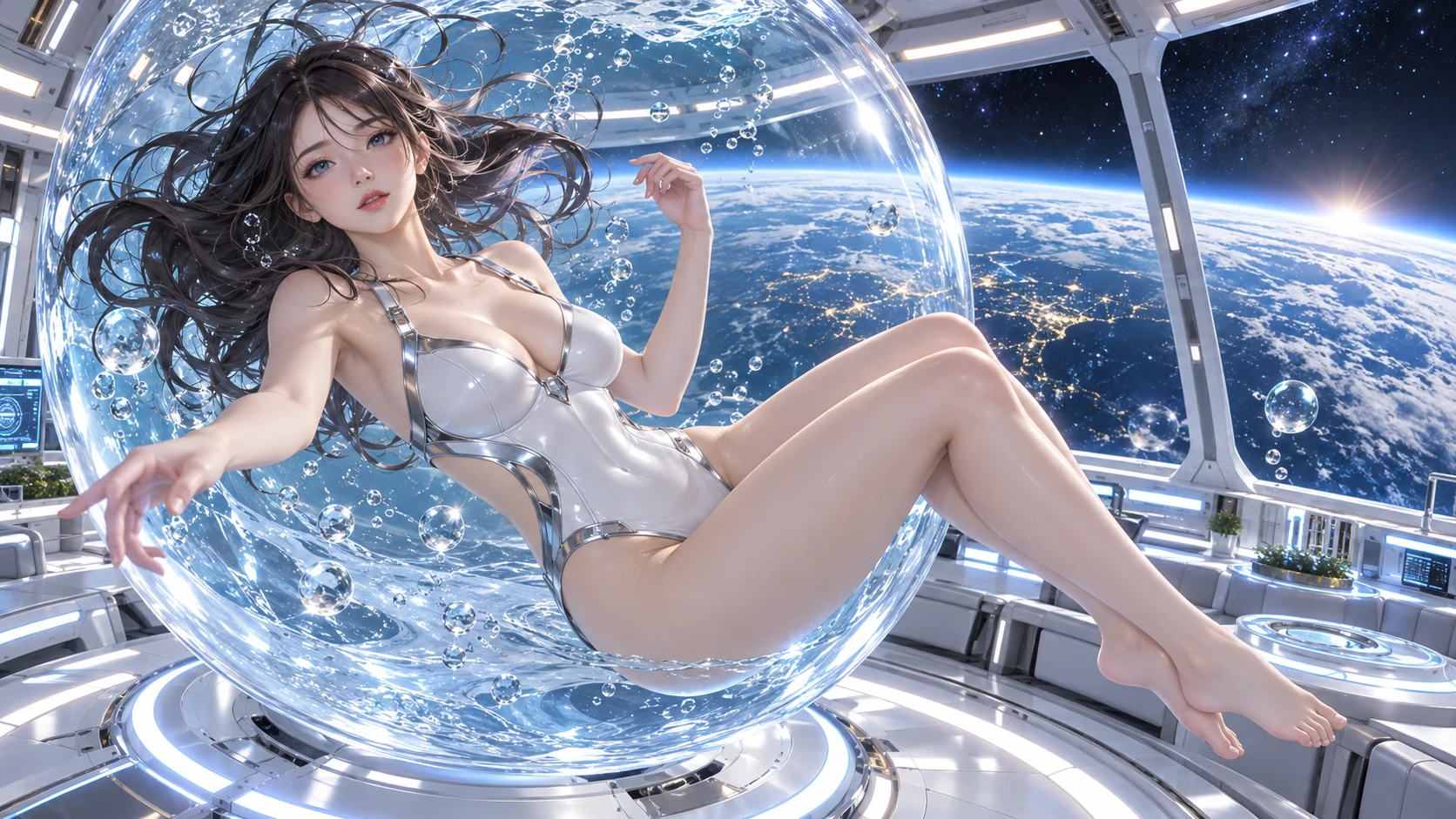 Adult anime character in a white swimsuit in an orbital bubble chair