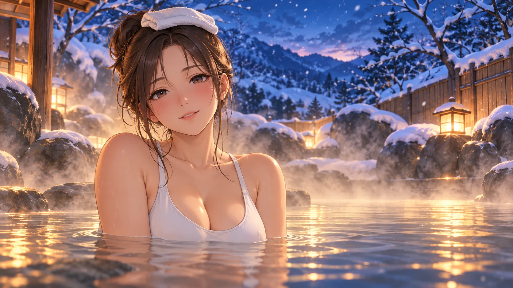 Adult anime character in a white swimsuit at a snowy hot spring