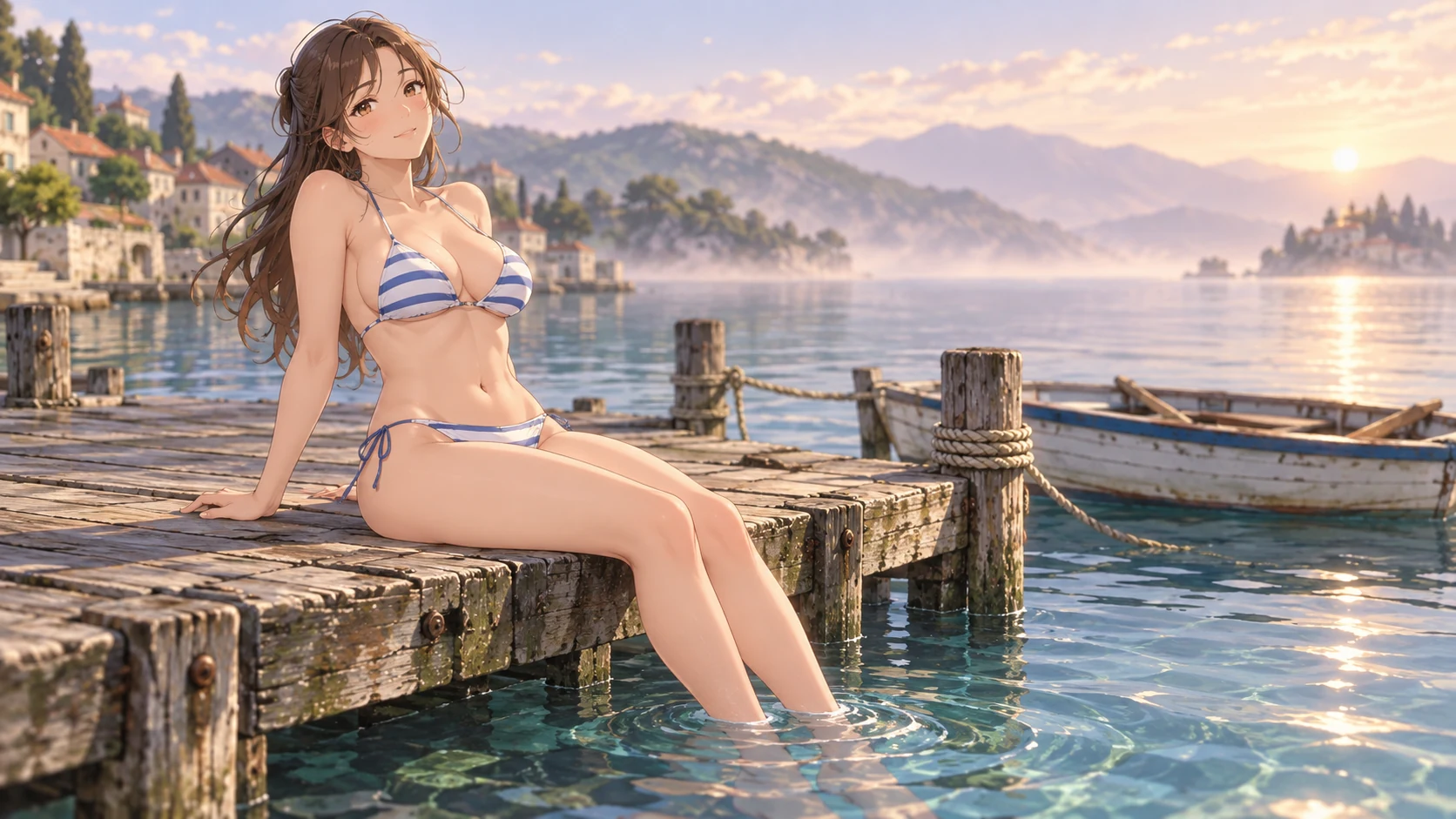 Adult anime character in a striped bikini sitting on a wooden pier