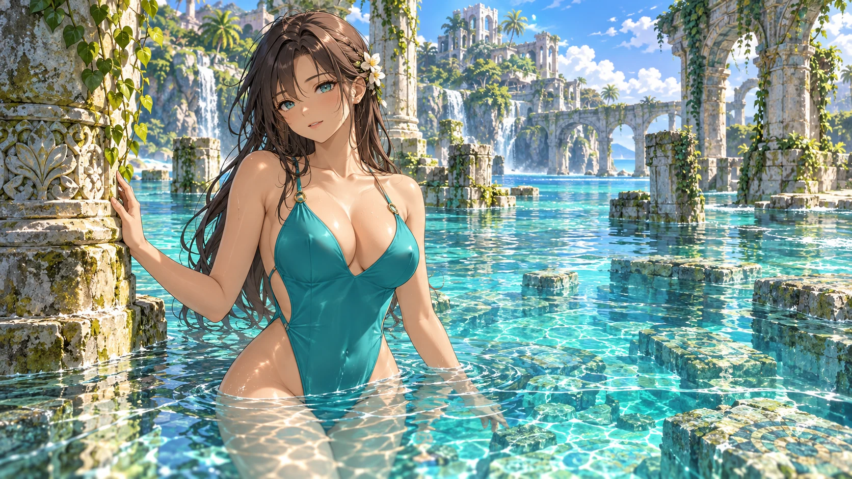 Adult anime character in a turquoise swimsuit among ancient ruins