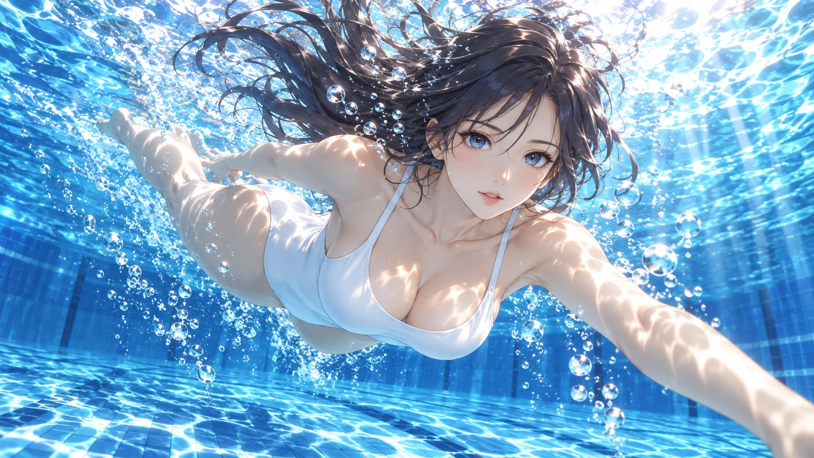 Adult anime character in a white bikini swimming underwater