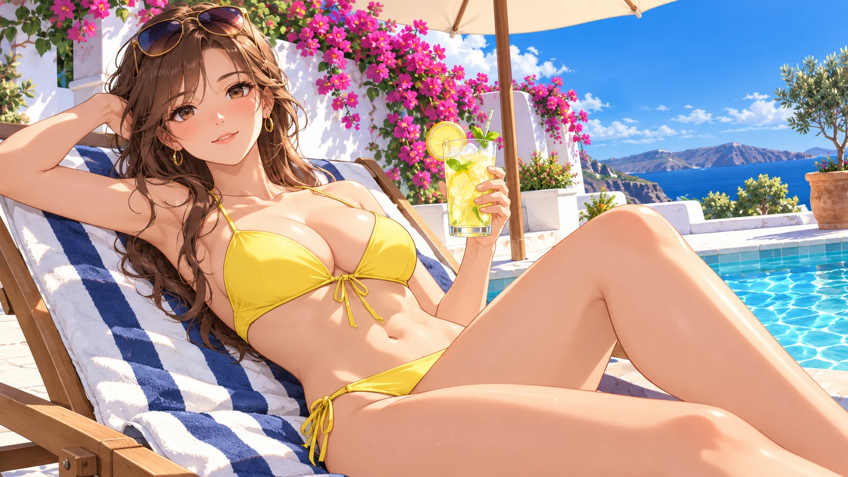 Adult anime character in a yellow bikini on a poolside lounger